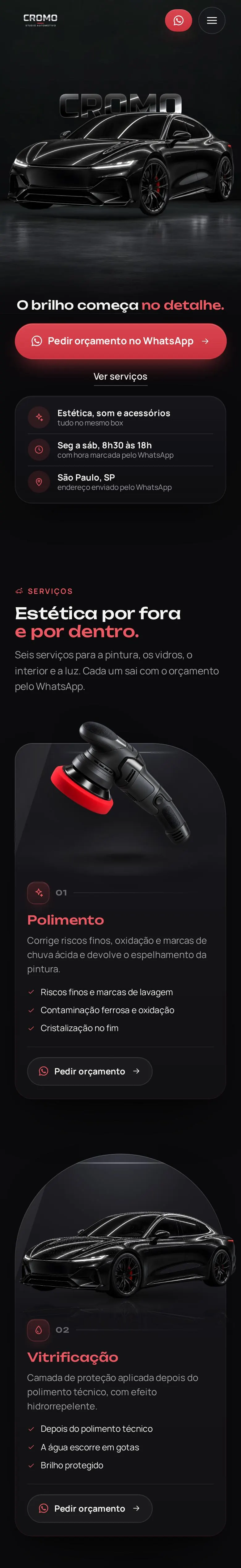 O site Cromo Studio Automotivo no celular, rolando
