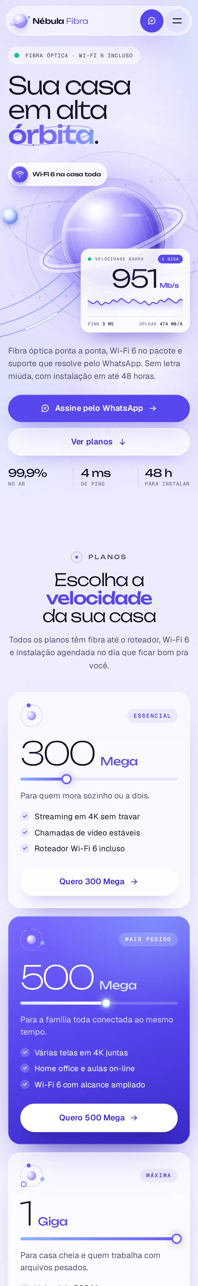 O site Nébula Fibra no celular, rolando