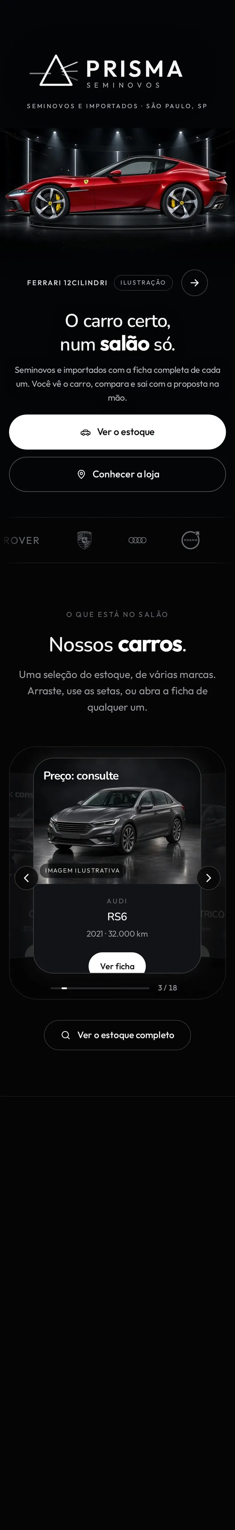 O site Prisma Seminovos no celular, rolando