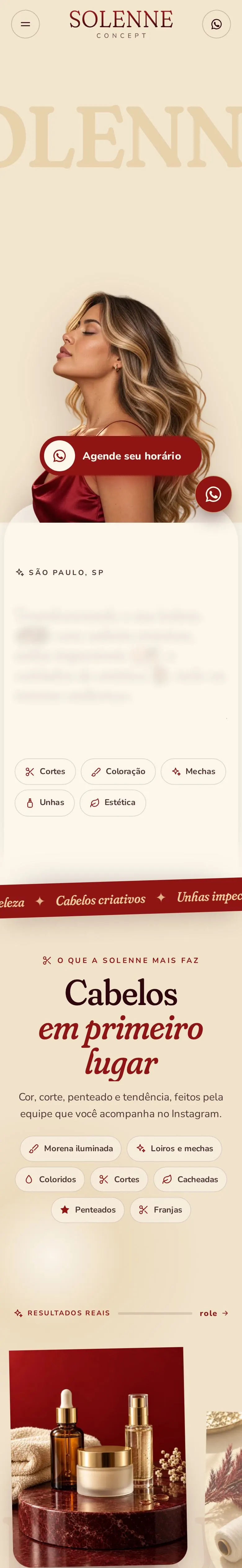 O site Solenne Concept no celular, rolando