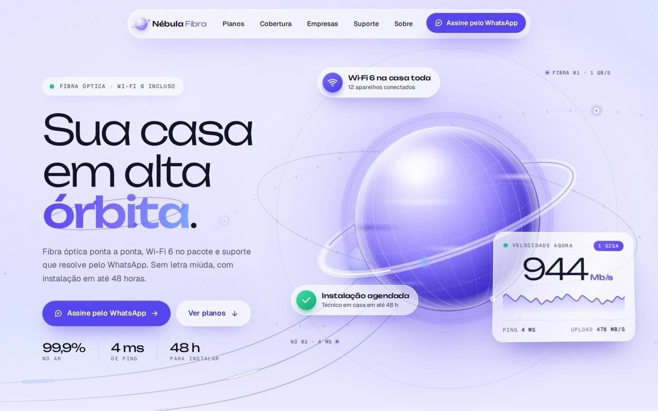 A primeira tela do site Nébula Fibra