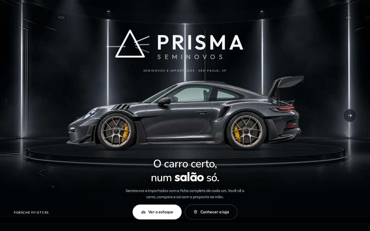 A primeira tela do site Prisma Seminovos